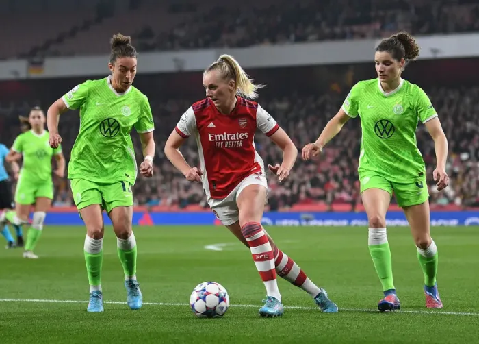Framed Print : Arsenal vs. VfL Wolfsburg: A Battle in the Women's Champions League Quarterfinals