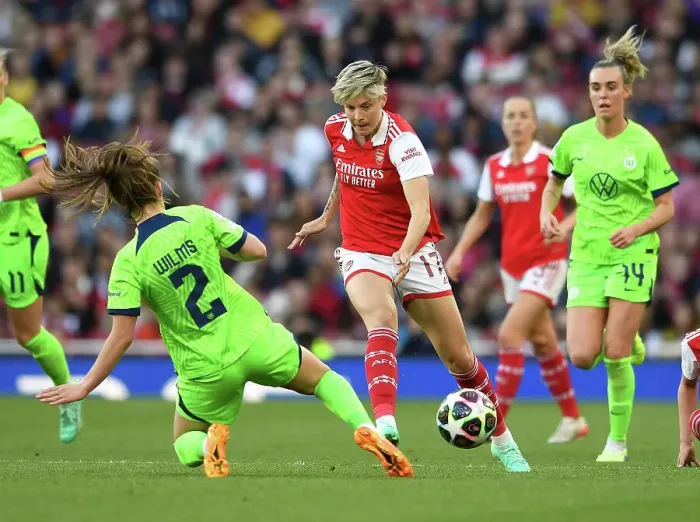Framed Print : Arsenal vs. VfL Wolfsburg: A Tense Moment in the UEFA Women's Champions League Semifinal (2022-23)