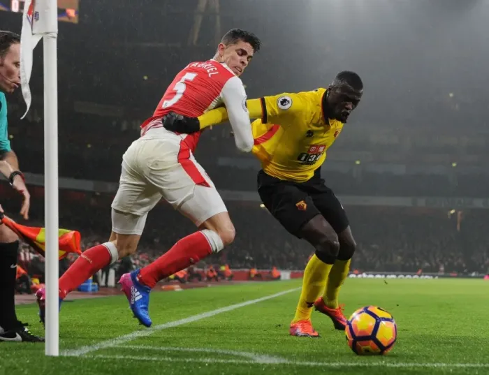 Framed Print : Arsenal vs. Watford: Gabriel vs. Niang - Premier League Clash at Emirates Stadium Framed Print : Arsenal vs. Watford: Gabriel vs. Niang - Premier League Clash at Emirates Stadium