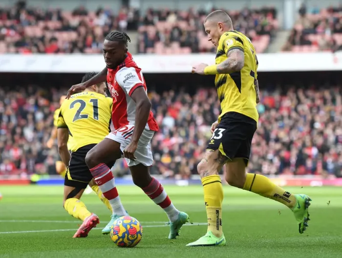 Framed Print : Arsenal vs. Watford: Nuno Tavares Clashes with Juraj Kucka in Premier League Showdown