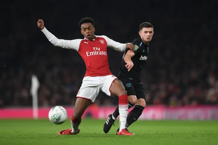 Framed Print : Arsenal vs. West Ham: Clash between Joe Willock and Aaron Cresswell in Carabao Cup Quarterfinal Framed Print : Arsenal vs. West Ham: Clash between Joe Willock and Aaron Cresswell in Carabao Cup Quarterfinal