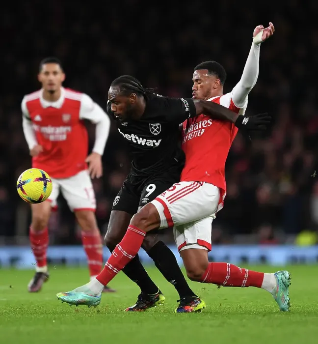 Framed Print : Arsenal vs. West Ham: Gabriel Magalhaes Faces Off Against Michail Antonio in Premier League Clash Framed Print : Arsenal vs. West Ham: Gabriel Magalhaes Faces Off Against Michail Antonio in Premier League Clash