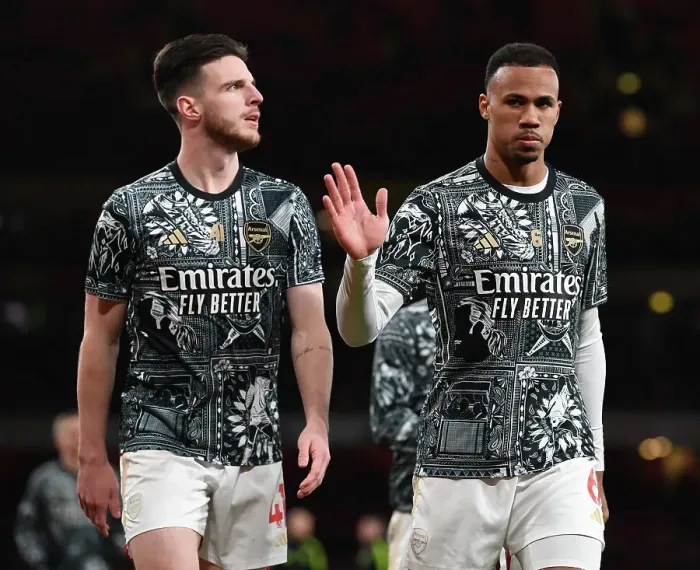 Framed Print : Arsenal vs West Ham: Pre-Match Warm-Up, Arsenal's Gabriel Magalhaes and West Ham's Declan Rice
