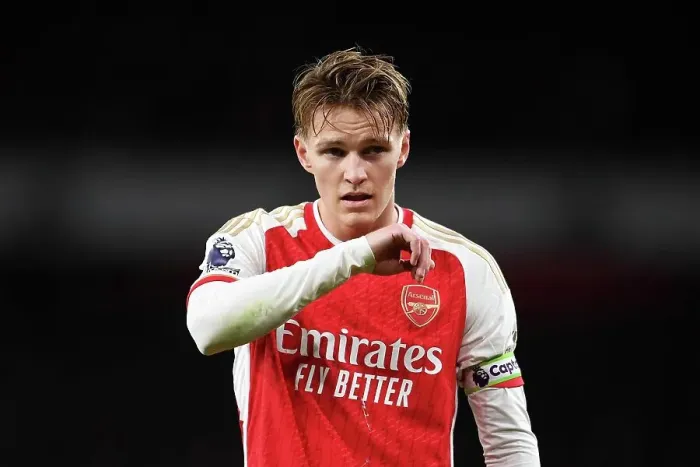 Framed Print : Arsenal vs. West Ham United: Martin Odegaard's Intense Stare at Emirates Stadium (2023-24)