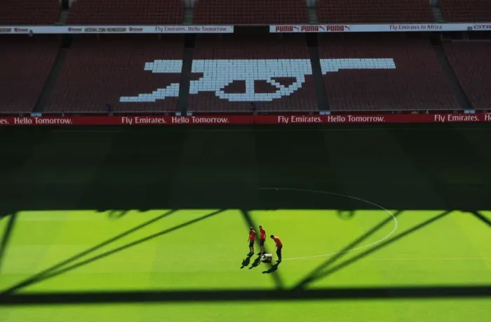 Framed Print : Arsenal vs. West Ham United: Pre-Match Pitch Preparation at Emirates Stadium (2015-16)