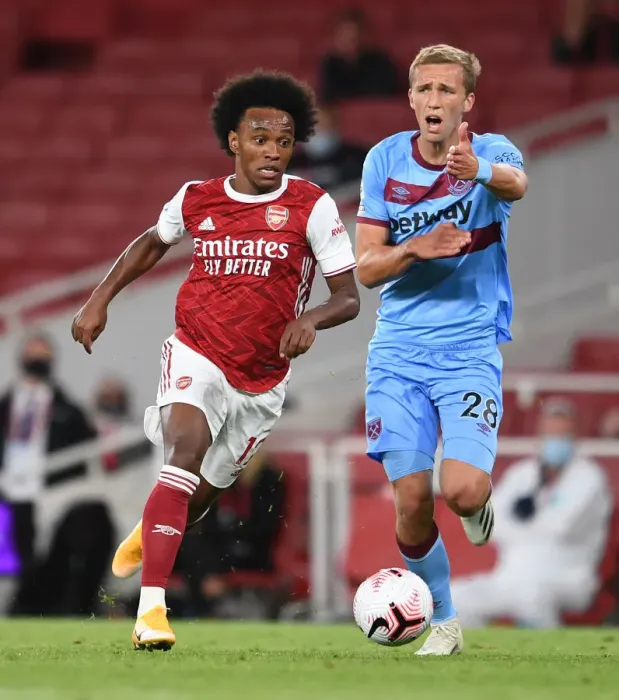 Framed Print : Arsenal vs. West Ham United: Willian Clashes with Soucek in Premier League Showdown