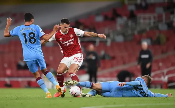Framed Print : Arsenal vs. West Ham United: Xhaka Faces Off Against Fornals and Bowen