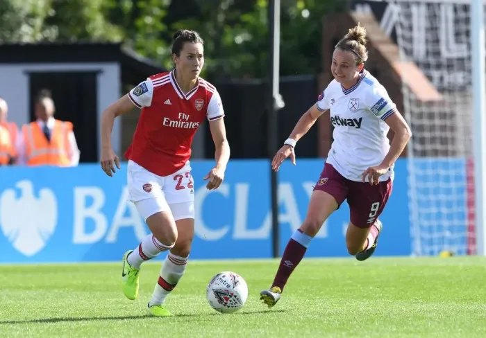 Framed Print : Arsenal vs. West Ham Women: A Fierce Battle in the WSL - Schnaderbeck vs. Thomas Clash at Meadow Park Framed Print : Arsenal vs. West Ham Women: A Fierce Battle in the WSL - Schnaderbeck vs. Thomas Clash at Meadow Park