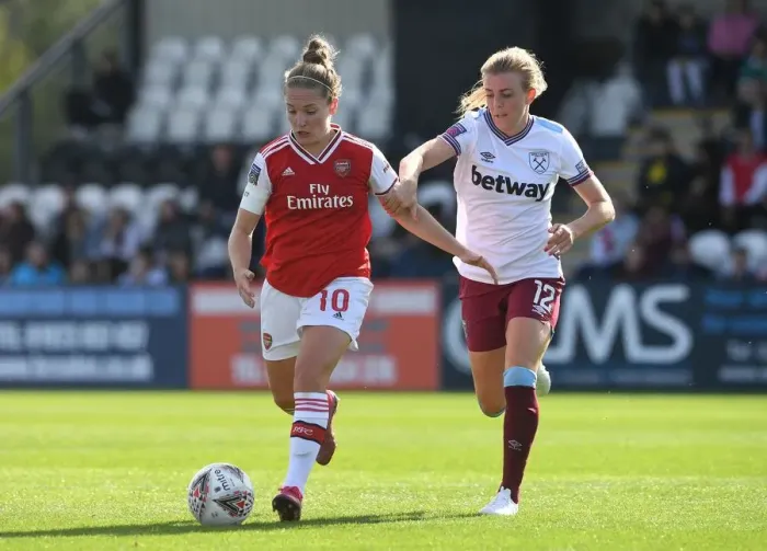 Framed Print : Arsenal vs West Ham Women: Kim Little Clashes with Kate Longhurst in WSL Match Framed Print : Arsenal vs West Ham Women: Kim Little Clashes with Kate Longhurst in WSL Match