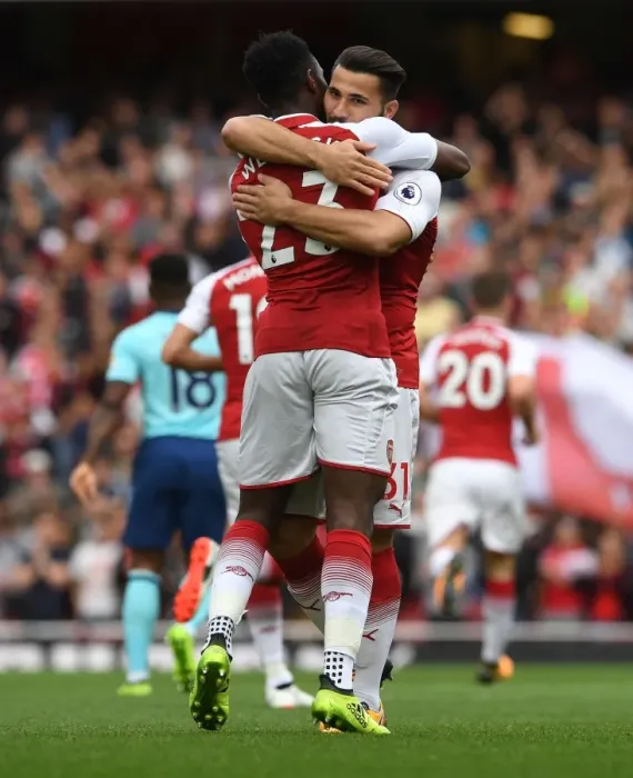 Framed Print : Arsenal: Welbeck and Kolasinac Celebrate First Goal Against AFC Bournemouth (2017-18) Framed Print : Arsenal: Welbeck and Kolasinac Celebrate First Goal Against AFC Bournemouth (2017-18)