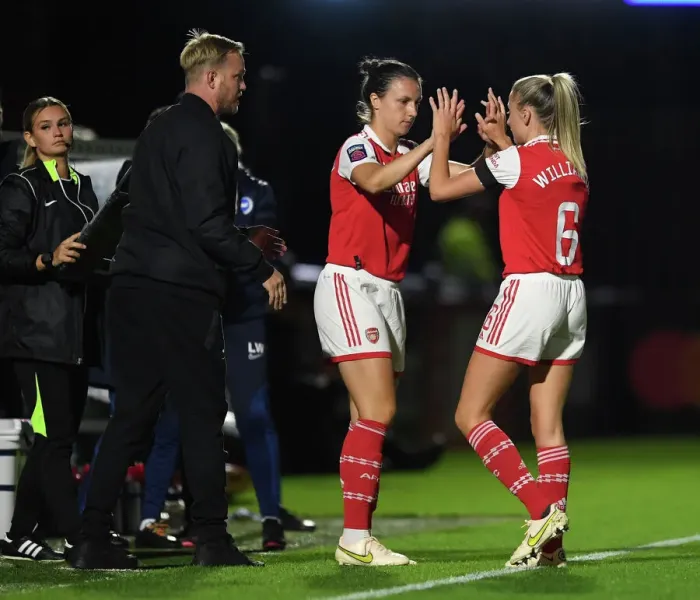 Framed Print : Arsenal WFC: Lotte Wubben-Moy Substitutes In for Leah Williamson Against Brighton & Hove Albion WFC in FA WSL Match