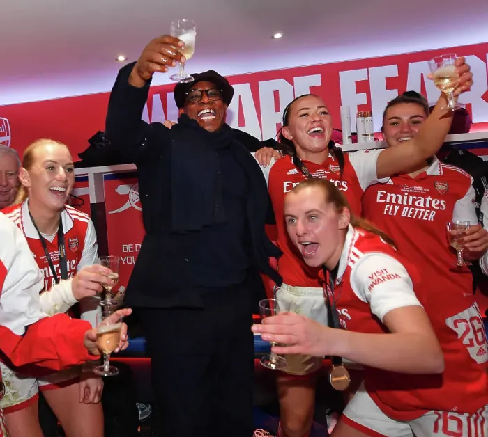Framed Print : Arsenal Women Celebrate Conti Cup Triumph: Ian Wright Joins in the Fun Framed Print : Arsenal Women Celebrate Conti Cup Triumph: Ian Wright Joins in the Fun
