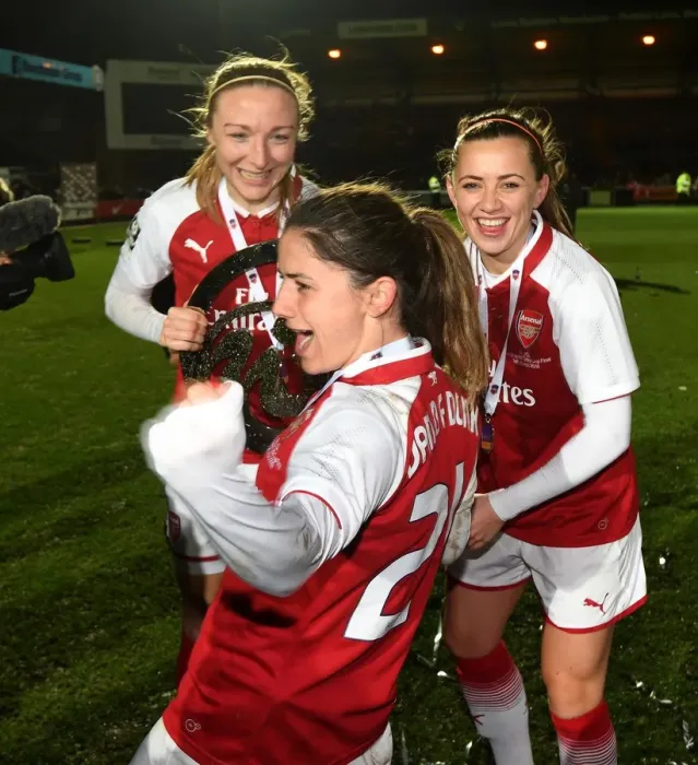 Framed Print : Arsenal Women Celebrate Continental Cup Victory: Quinn, McCabe, and van de Donk Lift the Trophy