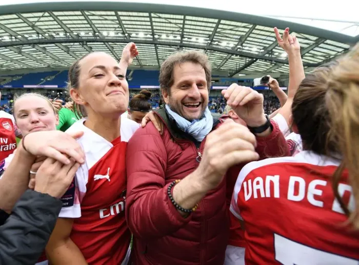 Framed Print : Arsenal Women Celebrate FA WSL Title with Montemurro and McCabe: Triumph at Amex Stadium