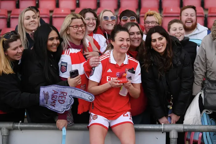 Framed Print : Arsenal Women Celebrate FA WSL Victory: Jodie Taylor Leads the Charge with Ecstatic Fans