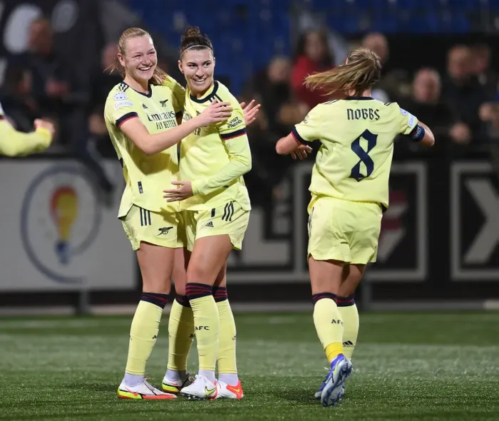 Framed Print : Arsenal Women Celebrate Goal Against HB Koge in UEFA Champions League Framed Print : Arsenal Women Celebrate Goal Against HB Koge in UEFA Champions League