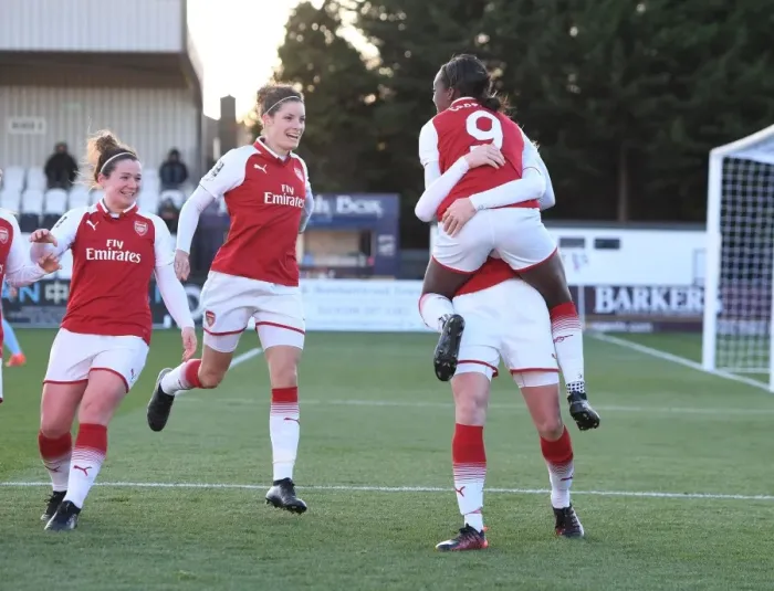 Framed Print : Arsenal Women Celebrate Goal: Quinn, Carter, Janssen, Mitchell vs. Sunderland (2017-18)