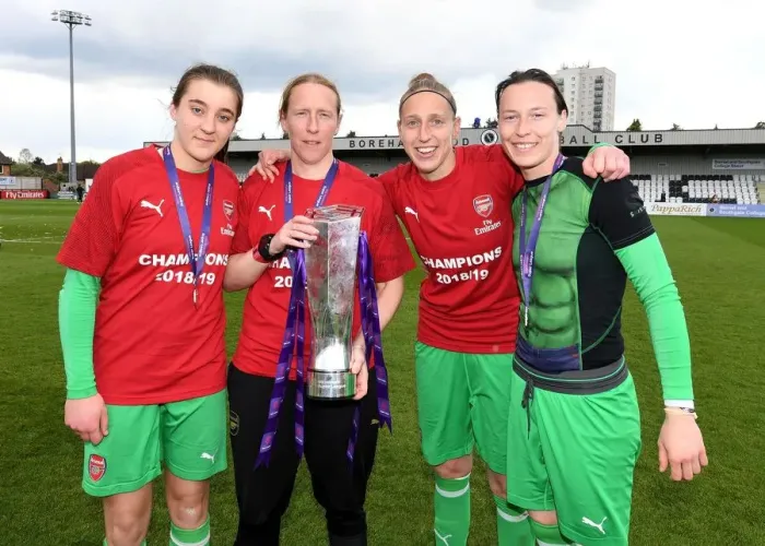 Framed Print : Arsenal Women Celebrate Historic WSL Title: Goalkeepers Lift the Trophy Framed Print : Arsenal Women Celebrate Historic WSL Title: Goalkeepers Lift the Trophy