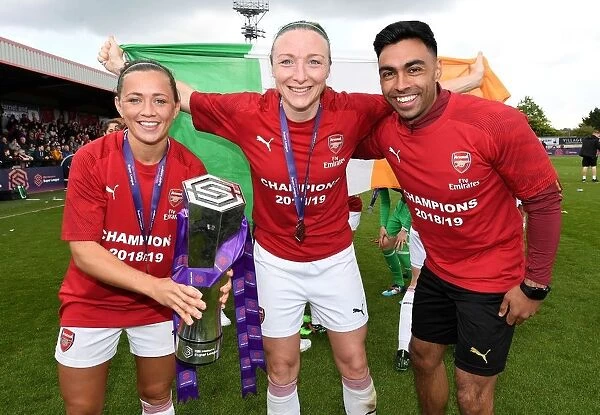 Arsenal Women Celebrate Historic WSL Title Win with Katrine Veje, Ava Kuyken, and Team Physio Eoin Clarkin: Holding the Trophy High at Meadow Park