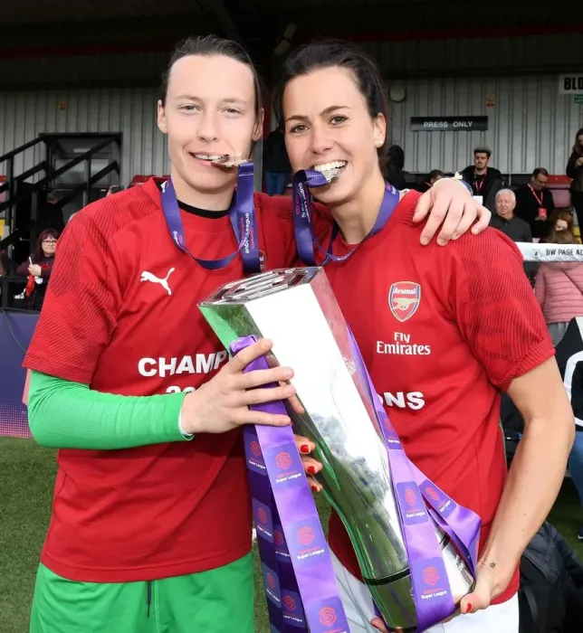 Framed Print : Arsenal Women Celebrate Historic WSL Title Win: Peyraud-Magnin and Schnaderbeck Hold the Trophy