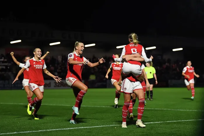 Framed Print : Arsenal Women Celebrate Jordan Nobbs Goal Against West Ham United in FA WSL Match