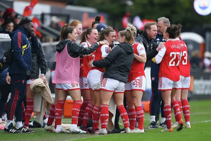Framed Print : Arsenal Women Celebrate Katie McCabe's Goal Against Manchester City in FA Women's Super League Framed Print : Arsenal Women Celebrate Katie McCabe's Goal Against Manchester City in FA Women's Super League