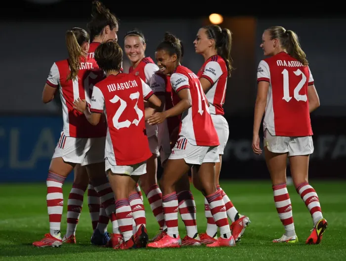 Framed Print : Arsenal Women Celebrate Kim Little's Goal in UEFA Women's Champions League