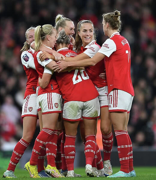 Arsenal Women Celebrate Laura Wienroither's Goal Against Manchester United in FA WSL (2022-23)