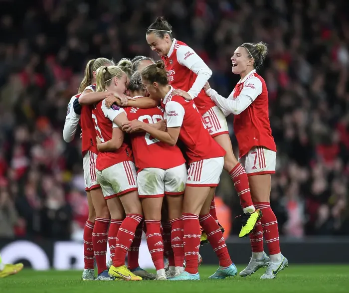 Framed Print : Arsenal Women Celebrate Laura Wienroith's Goal Against Manchester United in FA WSL (2022-23)