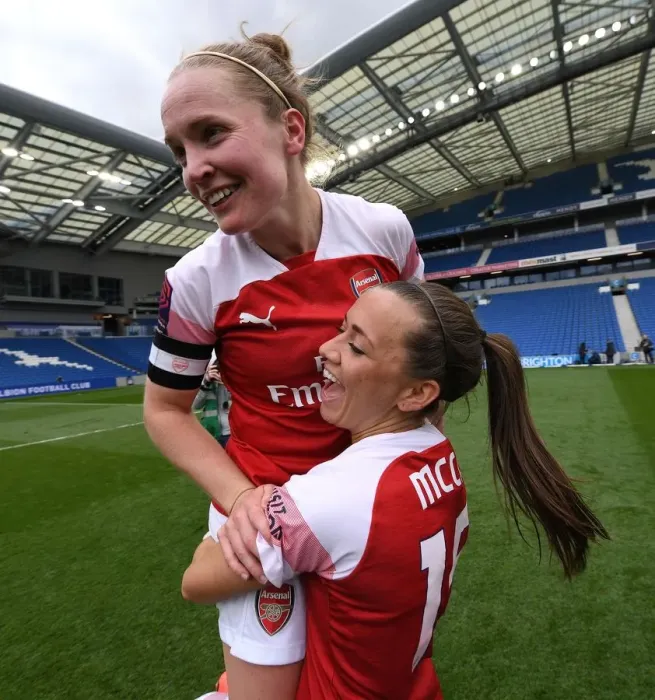 Framed Print : Arsenal Women Celebrate League Victory: Kim Little and Katie McCabe Rejoice after Winning FA WSL Title against Brighton & Hove Albion