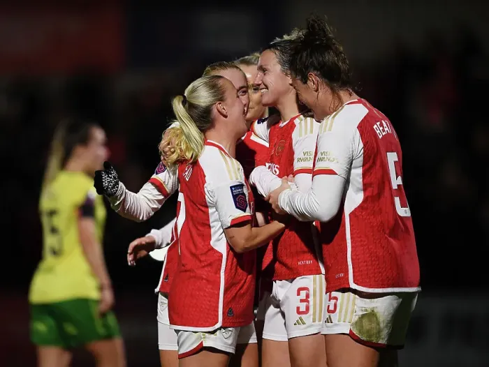 Framed Print : Arsenal Women Celebrate Lotte Wubben-Moy's Goal Against Bristol City in FA WSL Cup Match, 2023-24
