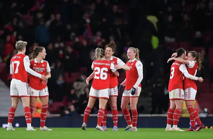 Framed Print : Arsenal Women Celebrate Quarter-Final Victory Over FC Bayern Munchen in UEFA Champions League