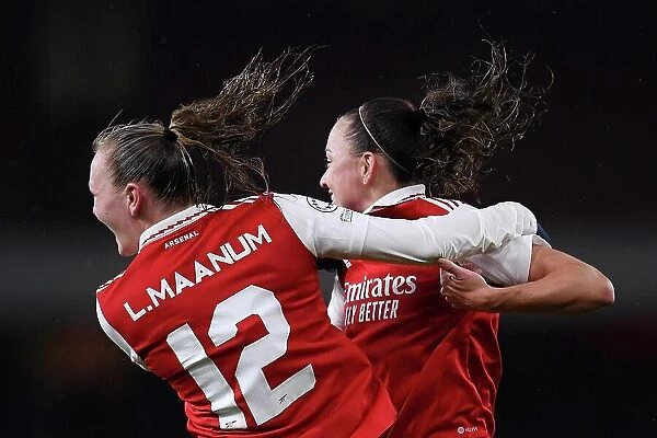 Arsenal Women Celebrate Second Goal Against Bayern Munich in UEFA Champions League Quarter-Final