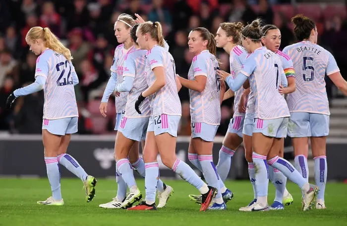 Framed Print : Arsenal Women Celebrate Second Goal in Conti Cup 2023-24 Against Southampton