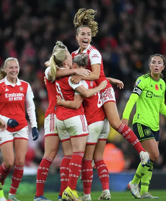 Framed Print : Arsenal Women Celebrate Second Goal Against Manchester United in FA WSL Match