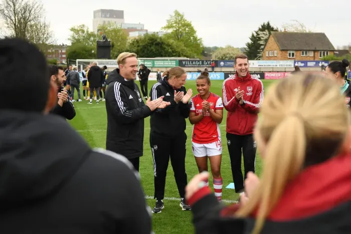 Framed Print : Arsenal Women Celebrate Title Win: Jonas Eidevall and Nikita Parris React to Full-Time Victory over Aston Villa Women Framed Print : Arsenal Women Celebrate Title Win: Jonas Eidevall and Nikita Parris React to Full-Time Victory over Aston Villa Women