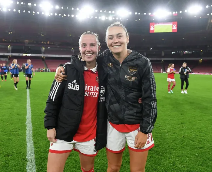 Framed Print : Arsenal Women Celebrate UEFA Champions League Victory Over FC Zurich: Beth Mead and Caitlin Foord Rejoice on Field