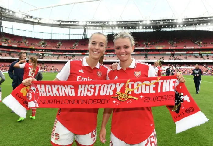 Framed Print : Arsenal Women Celebrate Victory: Lia Walti and Laura Wienroither's Emotional Moment at Emirates Stadium Framed Print : Arsenal Women Celebrate Victory: Lia Walti and Laura Wienroither's Emotional Moment at Emirates Stadium