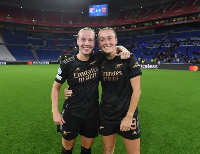 Framed Print : Arsenal Women Celebrate Victory Over Olympique Lyonnais in UEFA Champions League Group Stage