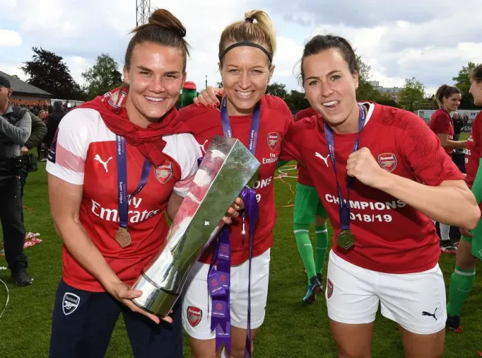 Framed Print : Arsenal Women Celebrate WSL Title Triumph with Katrine Veje, Janni Arnth, and Viki Schnaderbeck
