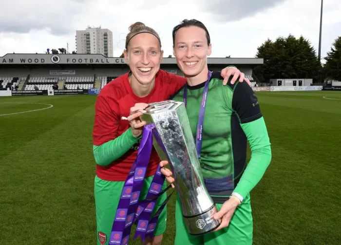 Framed Print : Arsenal Women Celebrate WSL Title Triumph: Sari van Veenendaal and Pauline Peyraud-Magnin Hold the Trophy
