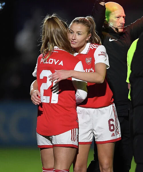 Arsenal Women Embrace Victory: Leah Williamson and Victoria Pelova