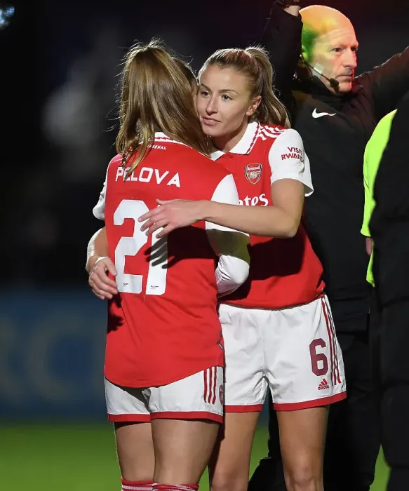 Framed Print : Arsenal Women Embrace Victory: Leah Williamson and Victoria Pelova Framed Print : Arsenal Women Embrace Victory: Leah Williamson and Victoria Pelova