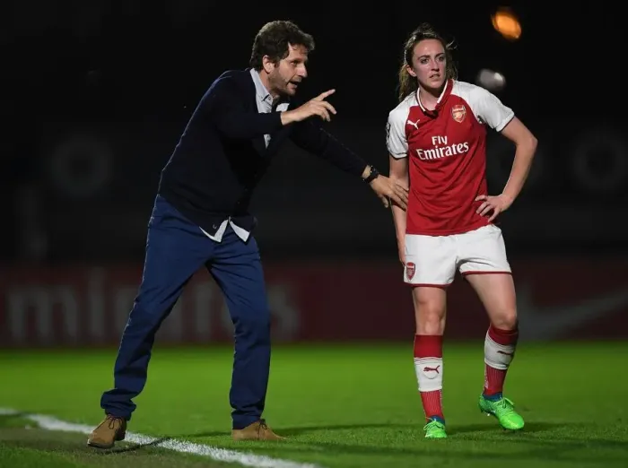 Framed Print : Arsenal Women: Joe Montemurro Coaches Lisa Evans during WSL Match