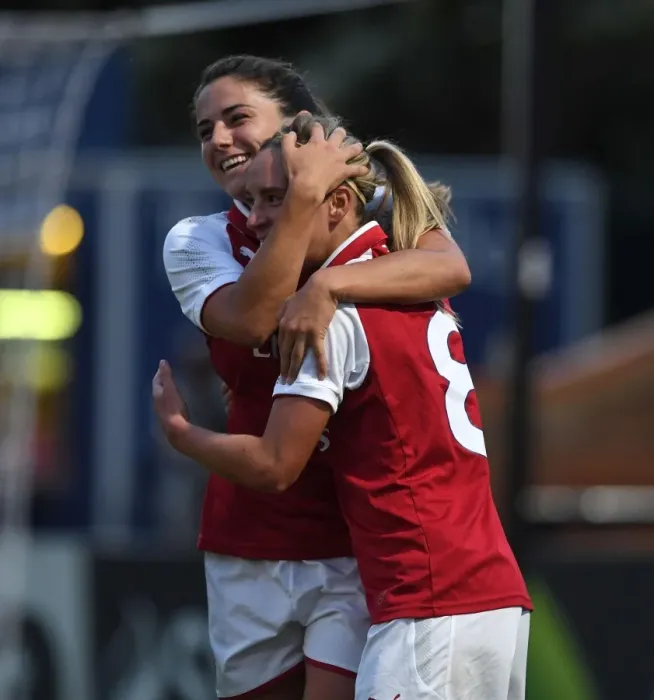 Framed Print : Arsenal Women: Jordan Nobbs and Danielle van de Donk Celebrate Goal Against Everton Ladies (Pre-Season Friendly 2017-18) Framed Print : Arsenal Women: Jordan Nobbs and Danielle van de Donk Celebrate Goal Against Everton Ladies (Pre-Season Friendly 2017-18)