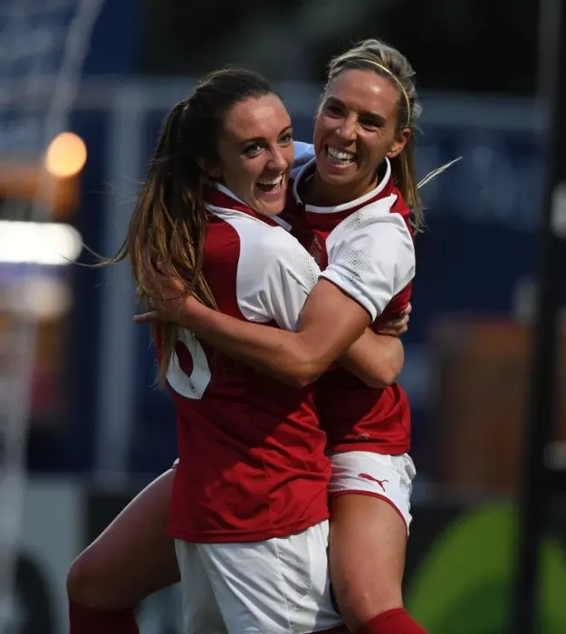 Framed Print : Arsenal Women: Jordan Nobbs and Lisa Evans Celebrate Goal Against Everton Ladies (Pre-Season Friendly 2017-18)