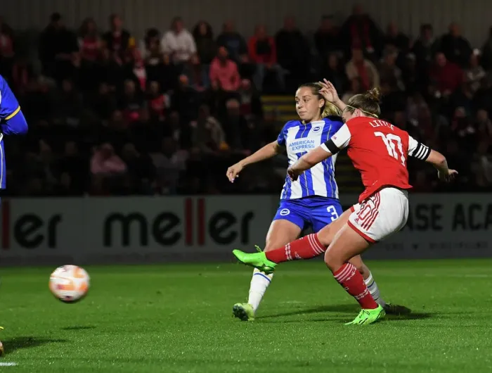 Framed Print : Arsenal Women Take the Lead: Kim Little Scores First Goal Against Brighton & Hove Albion WFC in 2022-23 Barclays Womens Super League