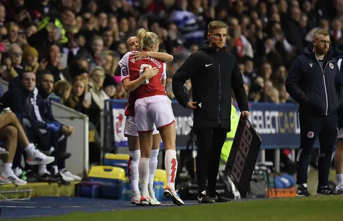 Framed Print : Arsenal Women: Leah Williamson and Beth Mead's Heartwarming Moment during Conti Cup Match