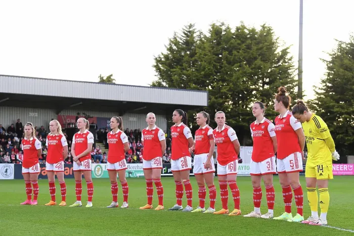 Framed Print : Arsenal Women and Leicester City Women Honor the National Anthem Ahead of FA Super League Match at Meadow Park (2022-23)