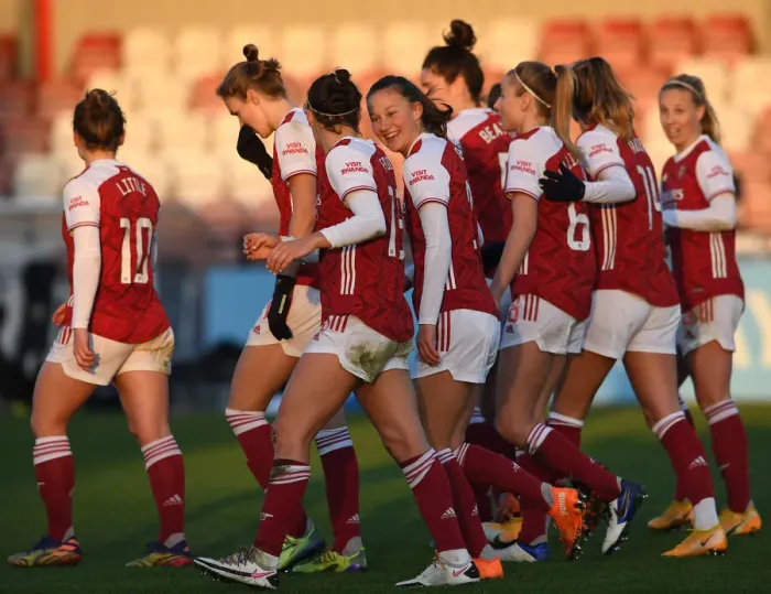 Framed Print : Arsenal Women: Malin Gut and Caitlin Foord Celebrate First Goal Against Birmingham City in FA WSL